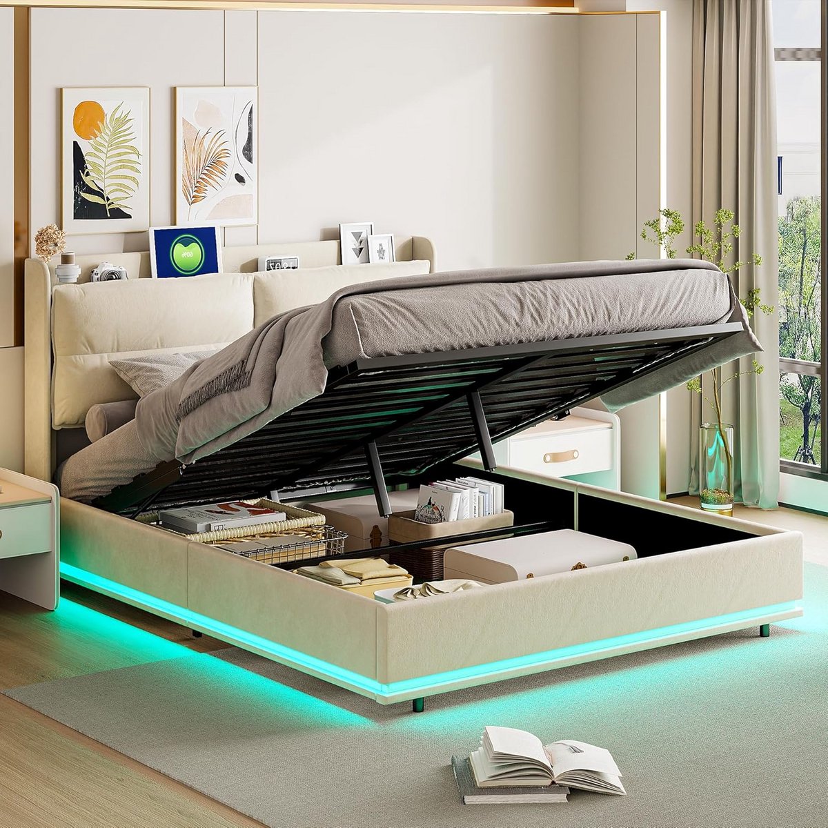 Tweepersoons Bed met Ledverlichting en USB-poorten, Gestoffeerd Met Opbergruimte, 140x200 
