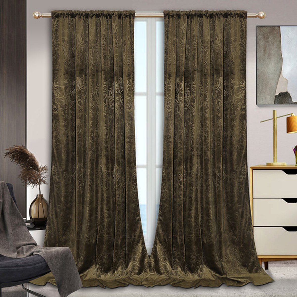 MUPOO Kant-en-Klaar Velours Gordijnen – 2 Stuks Luxe Crushed Velvet met Damastdesign – Verduisterend & Warmtewerend, Superzacht en Dikker – Rod Pocket & Back Tab – Ideaal voor Woonkamer/Slaapkamer – Khaki 132cm×183cm Donkergrijs