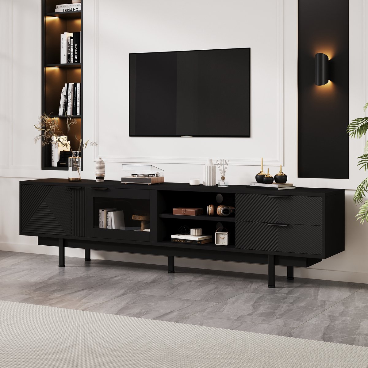 REDOM TV-meubel 200x40x50,5 cm van spaanplaat en gehard glas, modern strak design, met 2 deuren en 2 lades Zwart