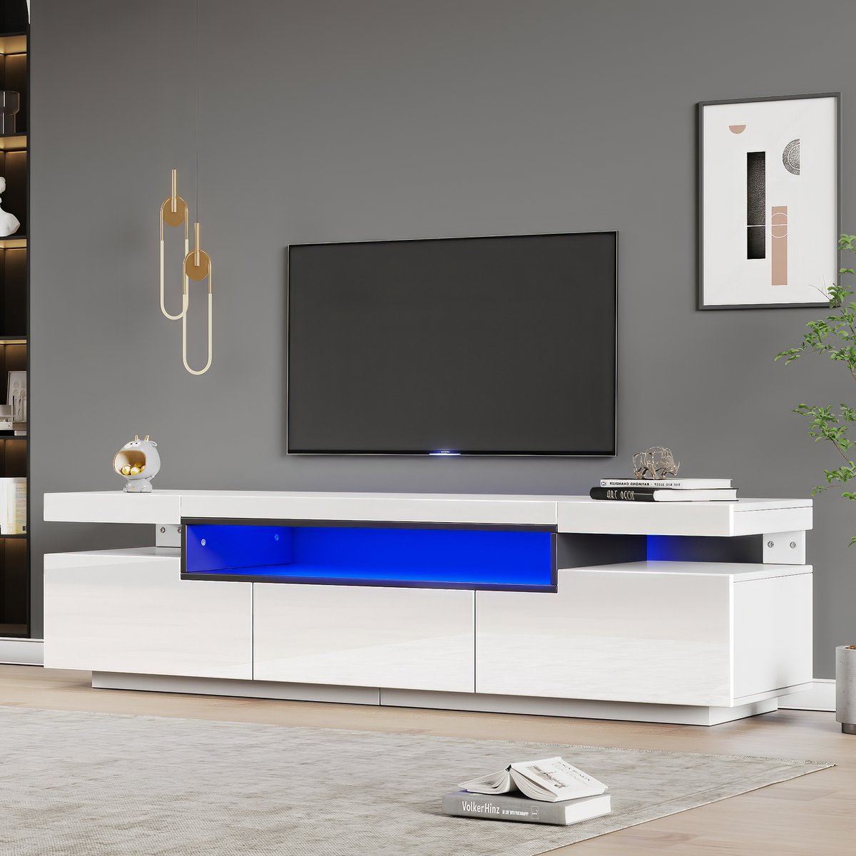 REDOM TV-meubel 160x39x42 cm van MDF-hout, wit, met 16-kleuren LED-verlichting en 3 laden
