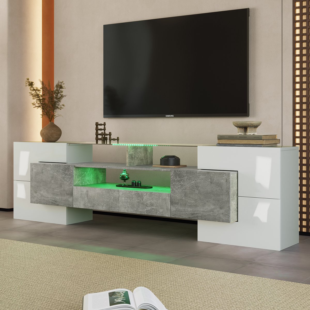 REDOM TV-meubel 200x35x60 cm van MDF en glas, hoogglans wit en beton, met LED-verlichting 