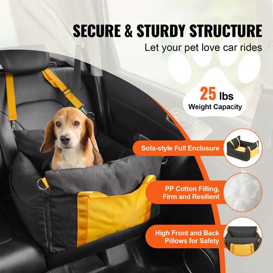 Beagle in een zwarte autostoel met gele voering, met tekst over de vulling en de structuur.