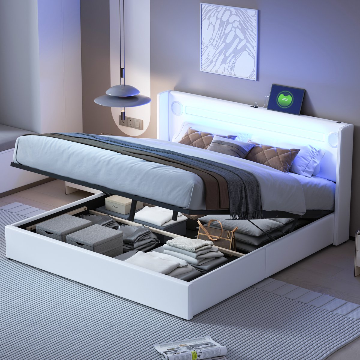 REDOM Ledikant 160cm*200cm, PU-leer gestoffeerd, met LED-licht, Bluetooth, USB-poort en ruime opbergruimte, wit