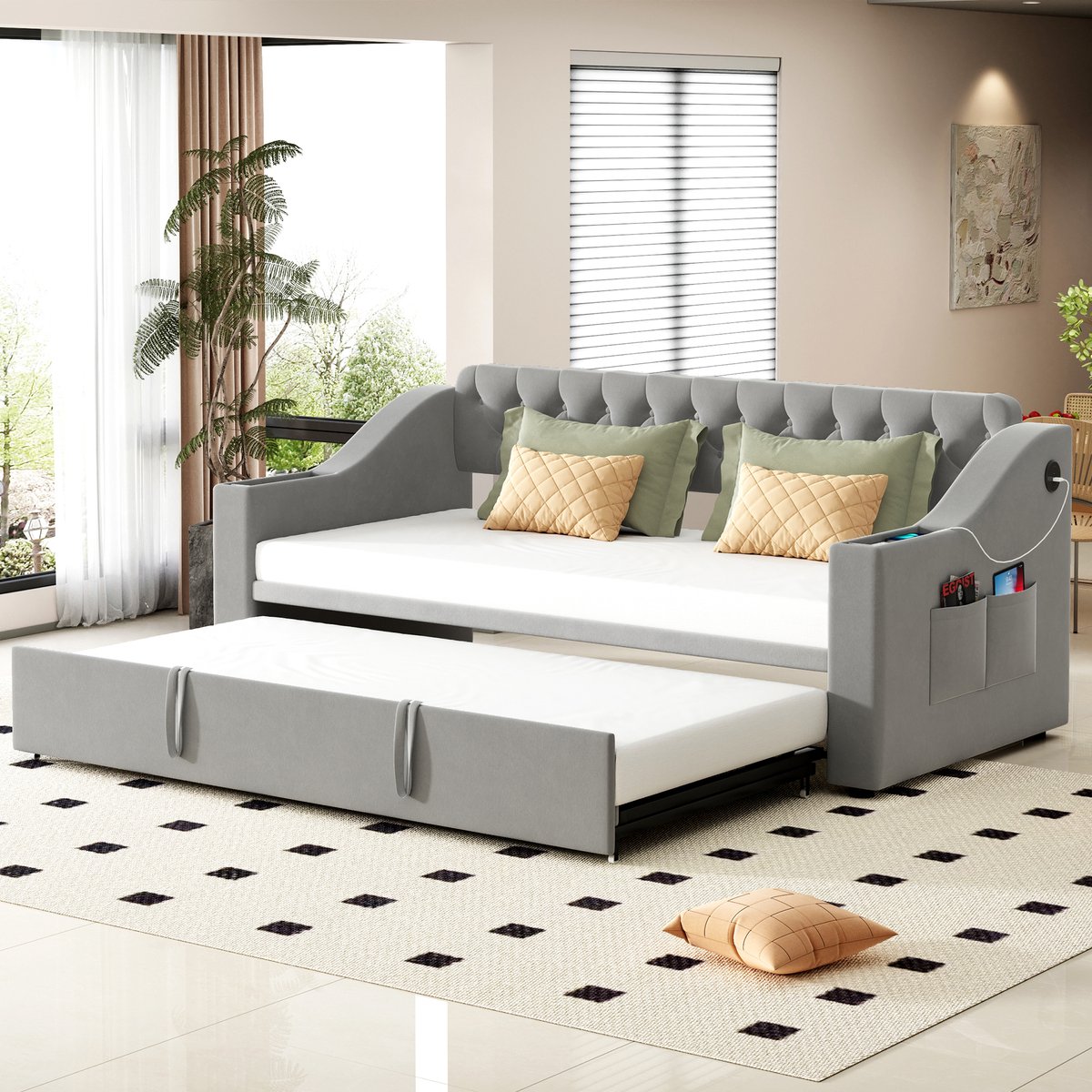 Wishdor Slaapbank Met Uittrekbaar Bed - Fluweel - Met Opbergvakken In Armleuningen - Met USB En Type-C Aansluiting - Grijs - 90x190/180x190 Cm