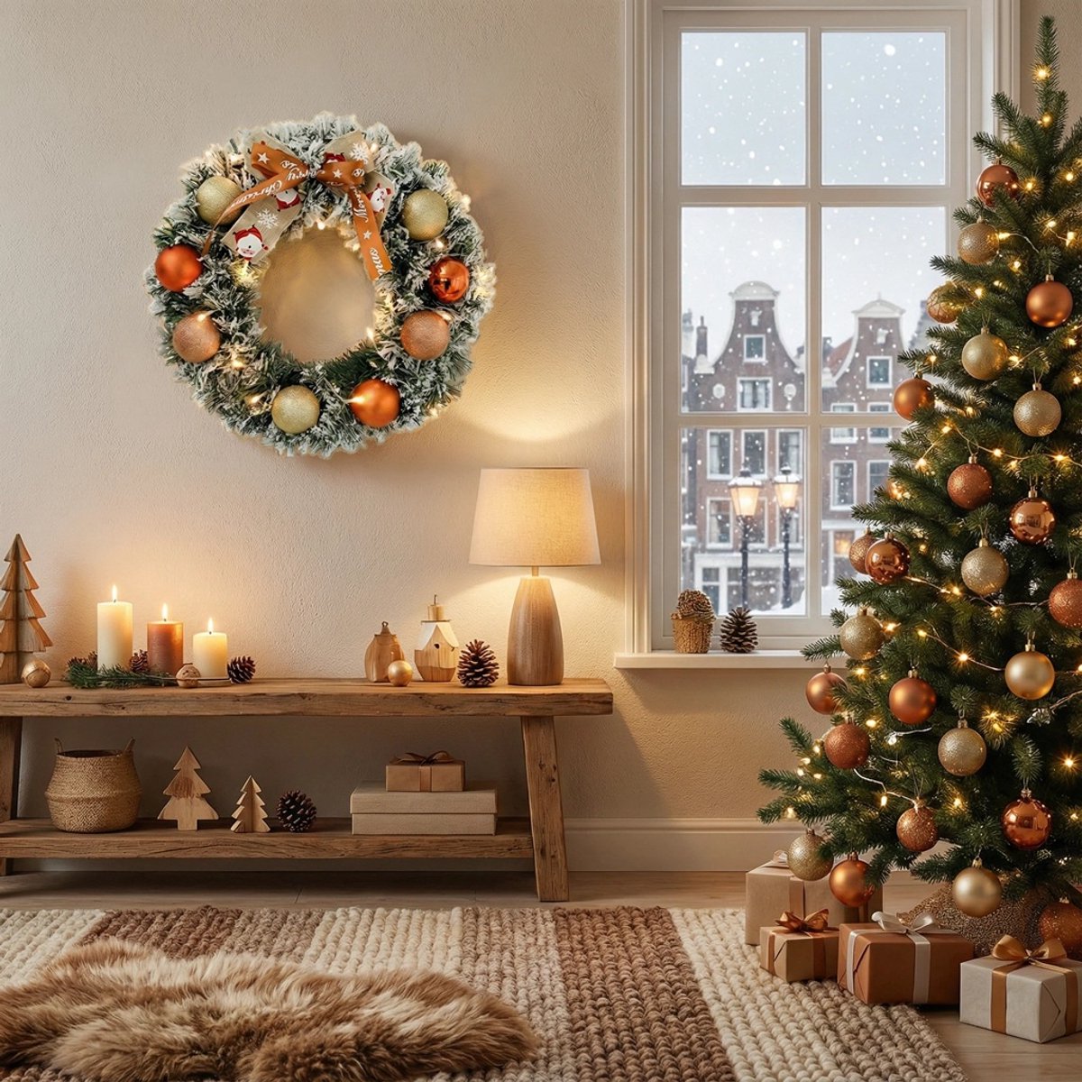 Premium Kerstkrans- met Decoraties & LED verlichting(40cm) - Groen - Met 20 Led Lampjes op Batterijbox - deurkransen kerstversiering- Kerstdecoratie - Kerstmis – foto 3
