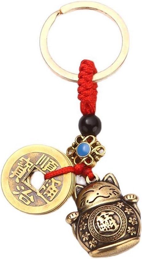 Lucky Cat sleutelhanger met 5 keizersmunten - Feng Shui Charm voor