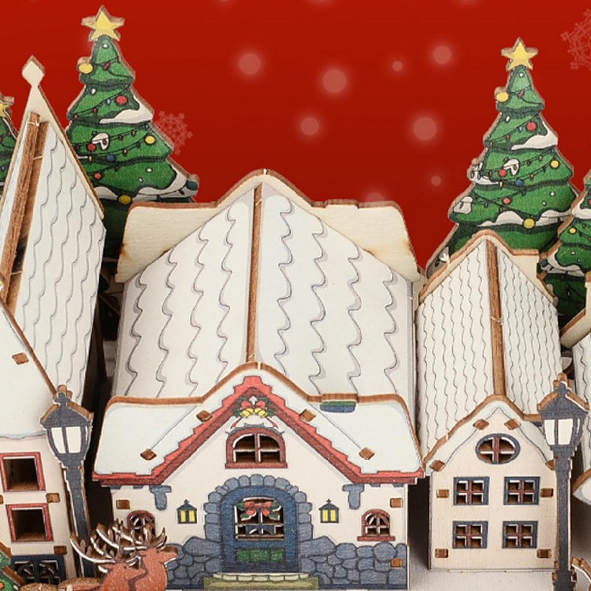 Verlicht Dorp Kerstmis Houten Set met Figuren LED Wintertafereel Tafeldecoratie – foto 3
