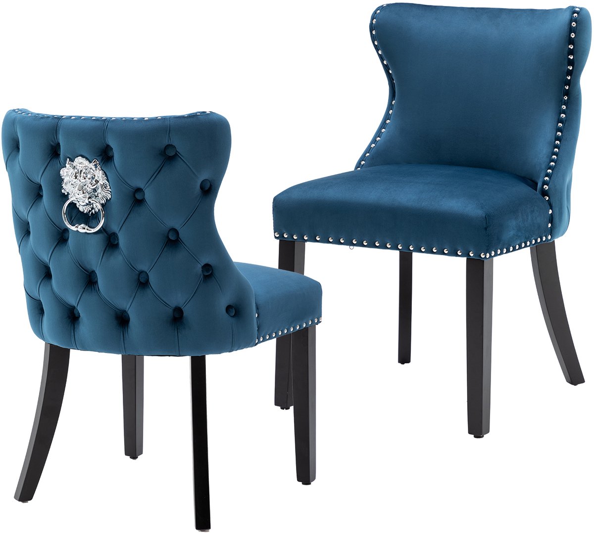 chairus Eetkamerstoel Set van 2 stoelen - Blauw - Velvet - Gewatteerde zitting - Met Houten Poten - Armloze stoelen - Voor woonkamer en keuken