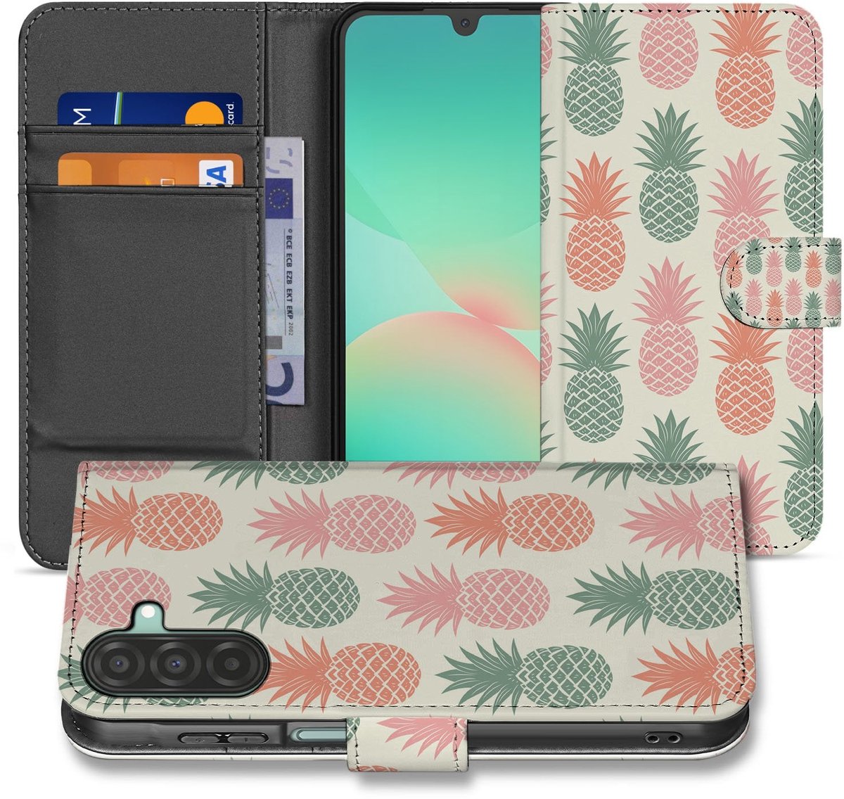 Samsung Galaxy A17 Book Cover Ananas Roze Rood Groen Met Pasjes