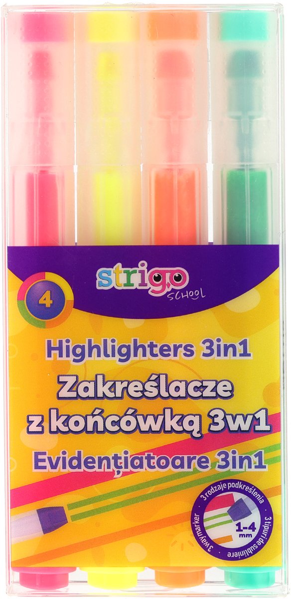 Strigo 3-in-1 Neon Markerset met 4 Kleuren en Etui