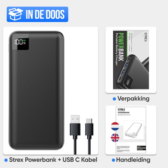 Strex Powerbank - 27.000 mAh - 22.5W Snellader - USB-A/USB-C - LED Indicatie - Universele Powerbank