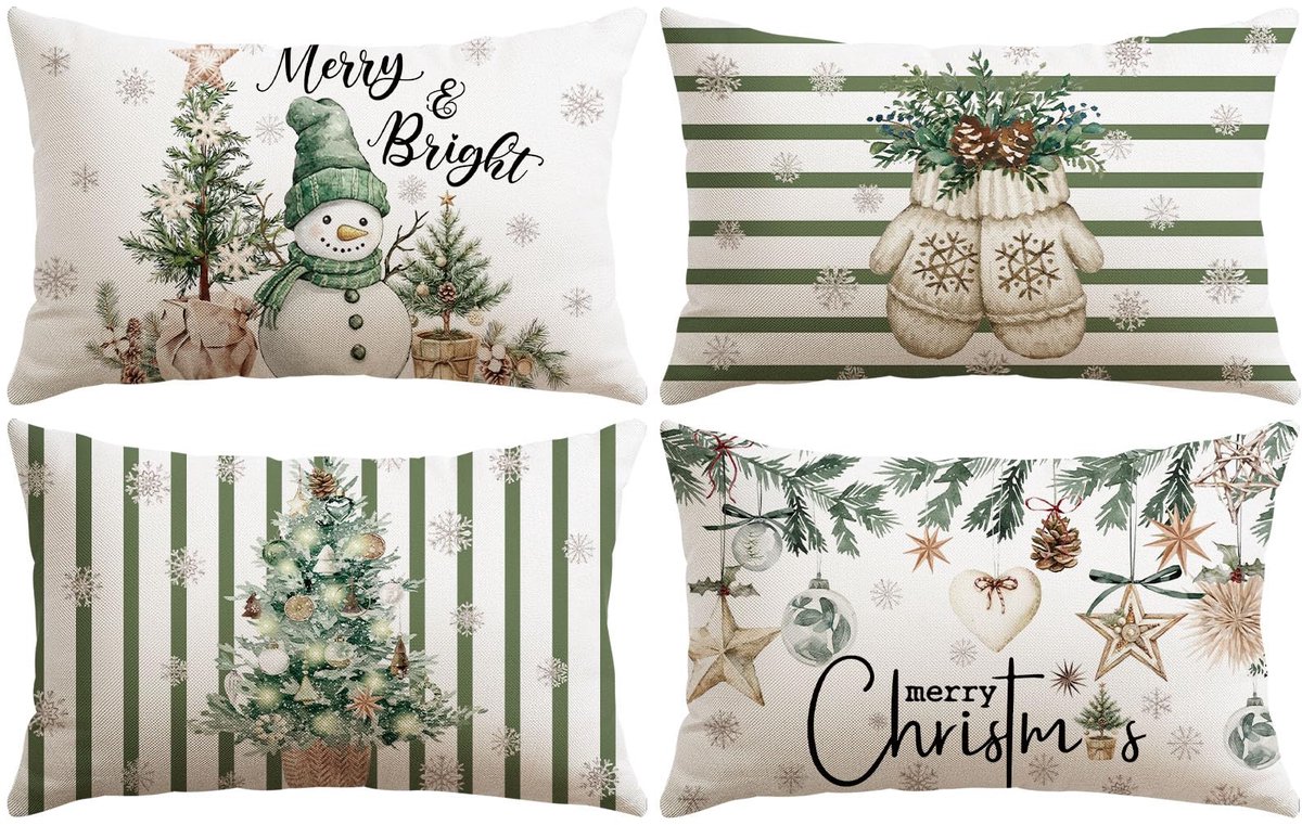 Unyqoos Set van 4 decoratieve kerstkussenhoezen met sneeuwpoppenprint voor huisdecoratie Sneeuwpop Groen