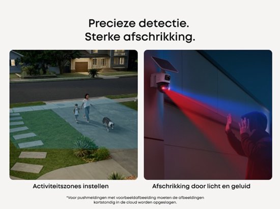 Twee afbeeldingen tonen eufy detectiezones en afschrikking met licht en geluid.