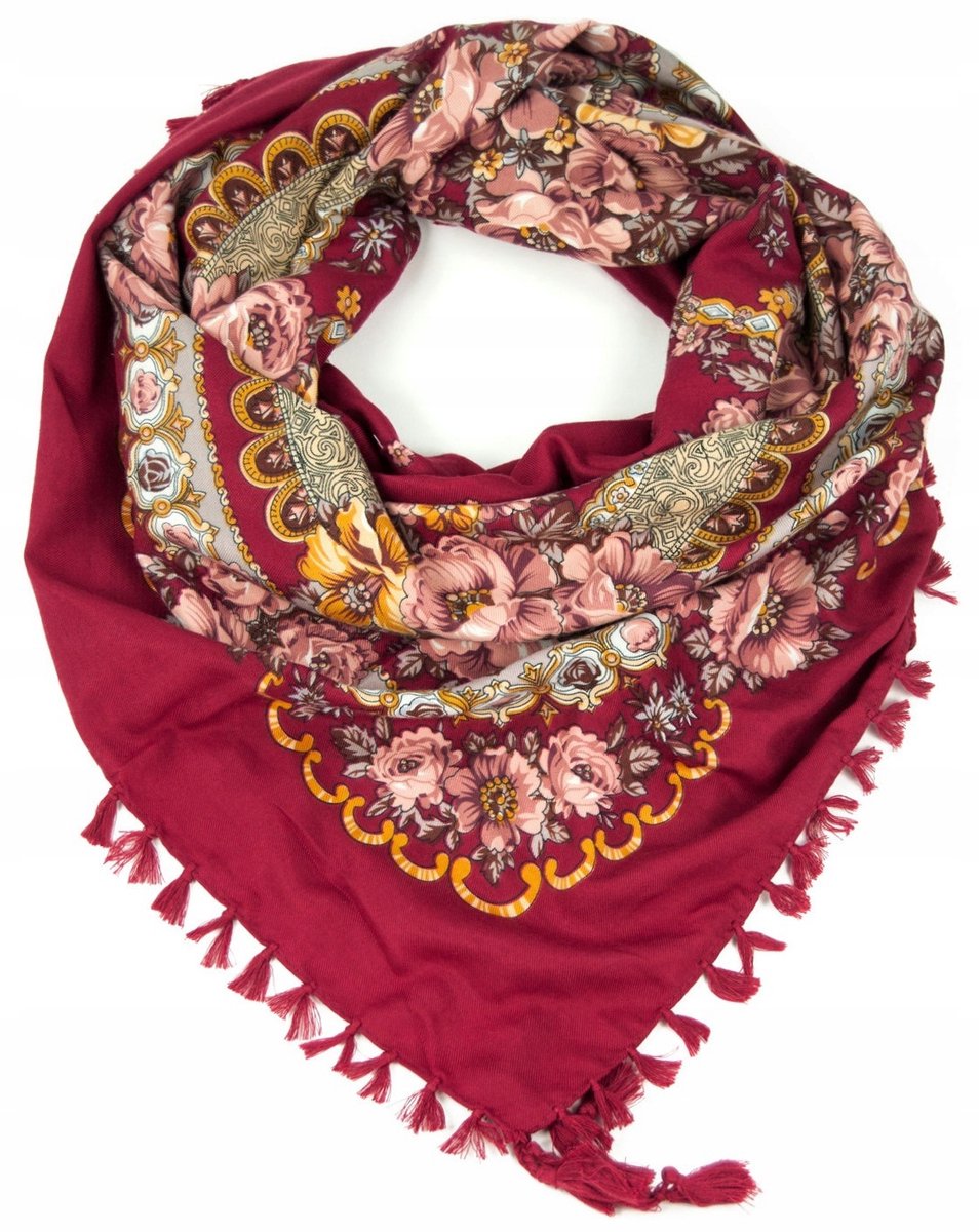 Folk shawl met bloemen en franjels - Bordo