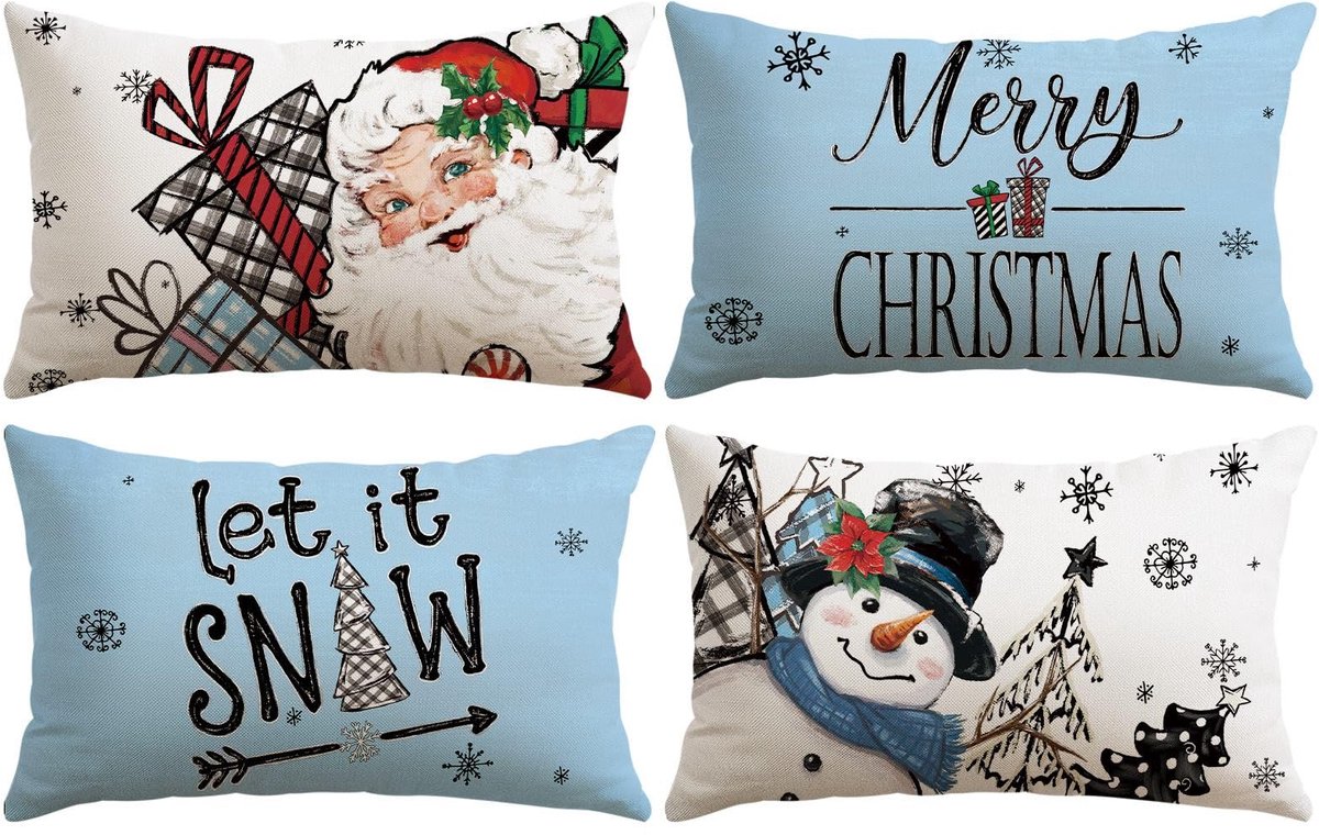 Unyqoos Set van Vier Kerst Kussenhoezen met Sneeuwpop en Kerstman Design voor Thuisdecoratie Kerstman Sneeuwpop Blauw