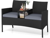 COSTWAY Tuinbank met tafel, 2-zits polyrotan zitbank, zitgroep, tuinmeubelen, terrasmeubels, weerbestendige balkonmeubels voor terras, tuin, balkon (grijs)