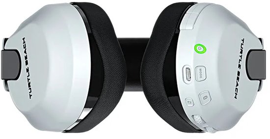 Bovenprofiel van een witte Turtle Beach headset met zwarte hoofdband en oorkussens.