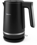 Zwarte Philips waterkoker met een zilverkleurige accent op het handvat en de voet.