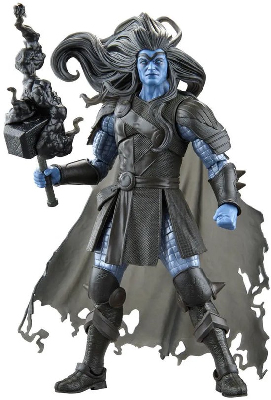 Black Winter (Thor) figuur met blauwe huid, zwart pantser, grijze mantel en zwarte hamer.
