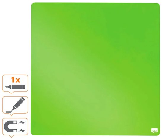 Vierkant, felgroen whiteboard met aan de linkerzijde pictogrammen voor een marker, een tweede marker en magnetisme. Nobo-logo rechtsonder.