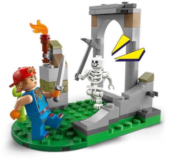 Scène de jeu LEGO Fortnite avec une figurine attaquant un squelette.