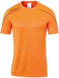 Oranje sportshirt met korte mouwen van Uhlsport, met zwarte biezen op de schouders en een ronde hals. Logo Uhlsport op de linkerborst.