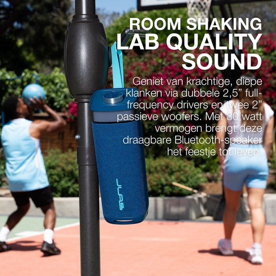 JLab Jbuds Bluetooth Speaker Draadloos - Draagbare Muziekbox - 12 uur Batterijduur - 30 Watt - Bass Boost - IPX6 Waterproof - Multipairing - Instelbare Party Lights - App Equalizer - Blauw
