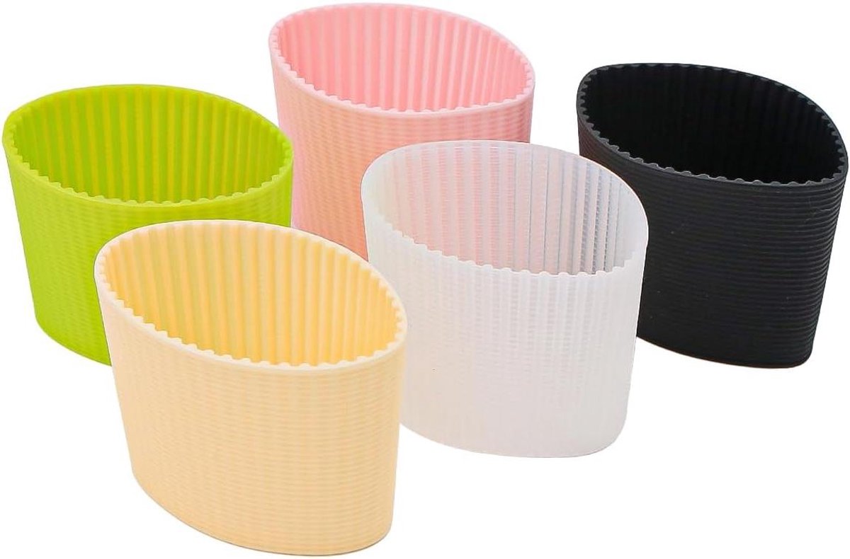 Green Glow - Set van 5 kleurrijke antislip siliconen hoesjes voor koffiekopjes en glazen - Hittebestendig - Herbruikbaar - Beschermhoes