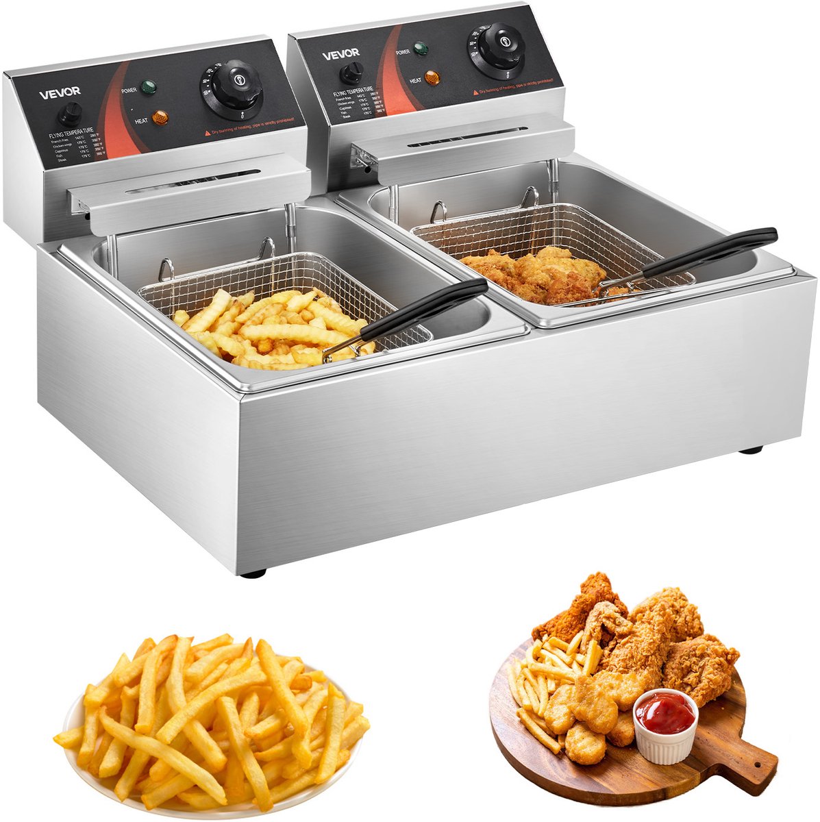 VEVOR Elektrische Friteuse - 12L - Dubbele Tanks van Roestvrij Staal-5000W-voor het bakken van chicken chips frieten karbonades