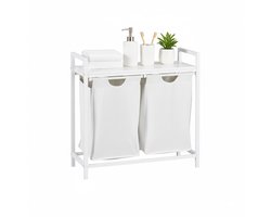 Wasmand met 2 vakken - 92 liter - plank - wit-grijs