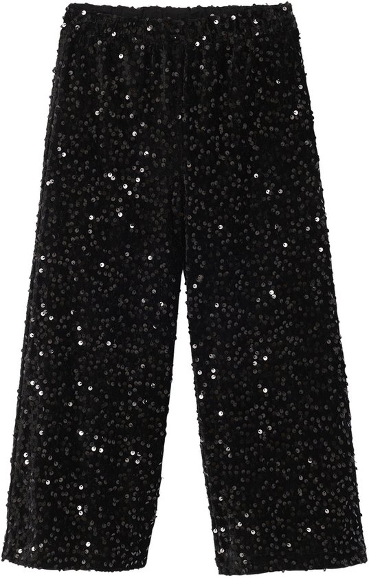 Zwarte wijde broek voor meisjes, versierd met glinsterende pailletten over de gehele stof.