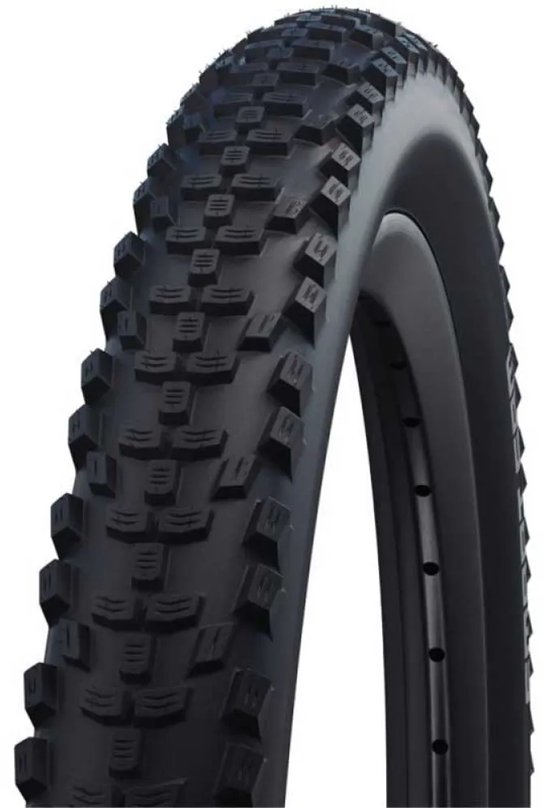 Zwarte fietsband met robuust profiel voor off-road gebruik.