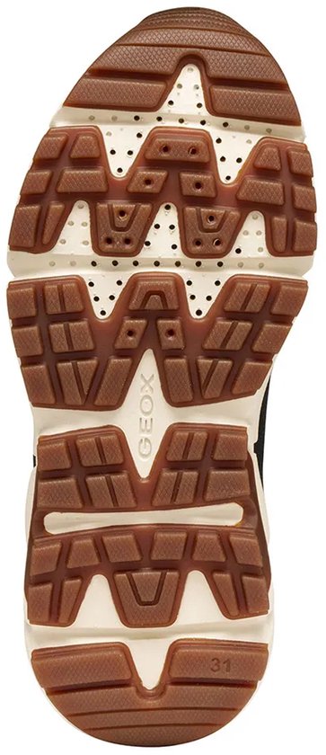 Onderkant van een blauwe Geox sneaker met een witte en bruine zool.