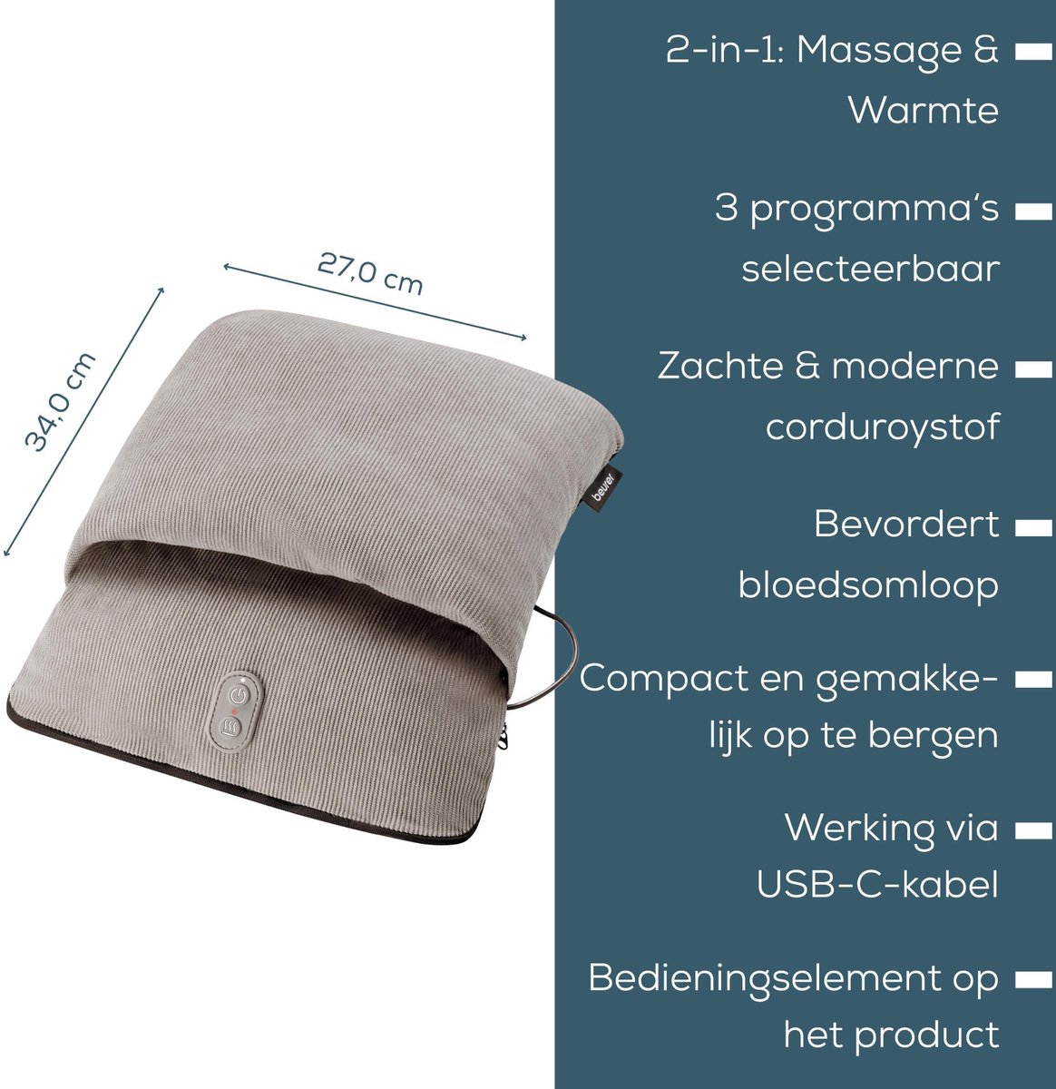 Beurer FM 28 Elektrische Voetenwarmer - Voetmassage apparaat & Warmtekussen voeten: 2-in-1 – 27 x 34 cm – Vibratiemassage – Kussen look in Zachte Ribstof – Geschikt tot Schoenmaat 43 – Automatische Uitschakeling – 3 Jaar Garantie — cadeau in Verzorging - foto 5