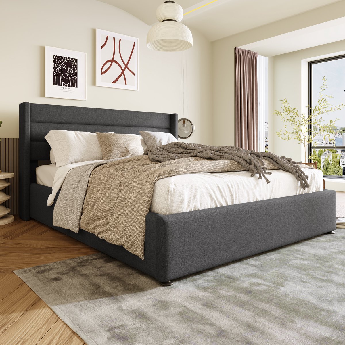OKWISH Tweepersoonsbedden 140x200 cm - Bedbodems Met Opbergruimte - Gestoffeerd Bed Met Ladefunctie - Lattenbodem Van Metaal - Linnen - Grijs