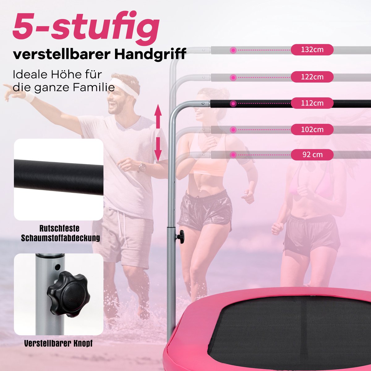 COSTWAY Trampoline voor 2 personen met in hoogte verstelbare handgreep, mini-trampoline tot 150 kg belastbaar, kindertrampoline inklapbaar, tuintrampoline voor kinderen en volwassenen (roze) — afbeelding 8