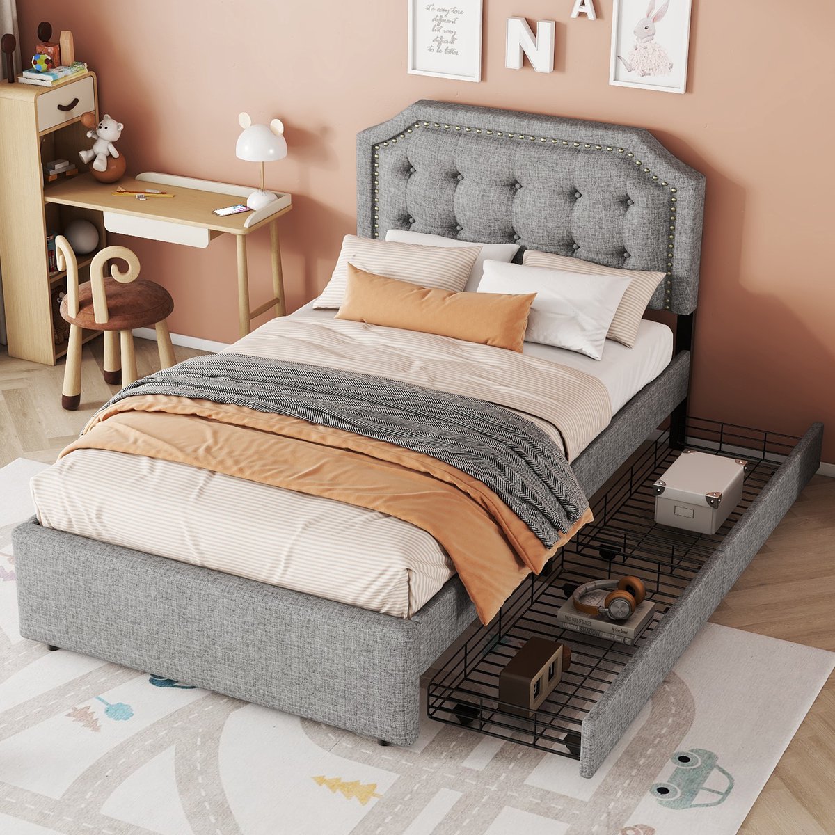OKWISH Eenpersoonsbed 90x200 cm - Bedbodem Met Gebogen Hoofdeinde Met Decoratieve Nieten E