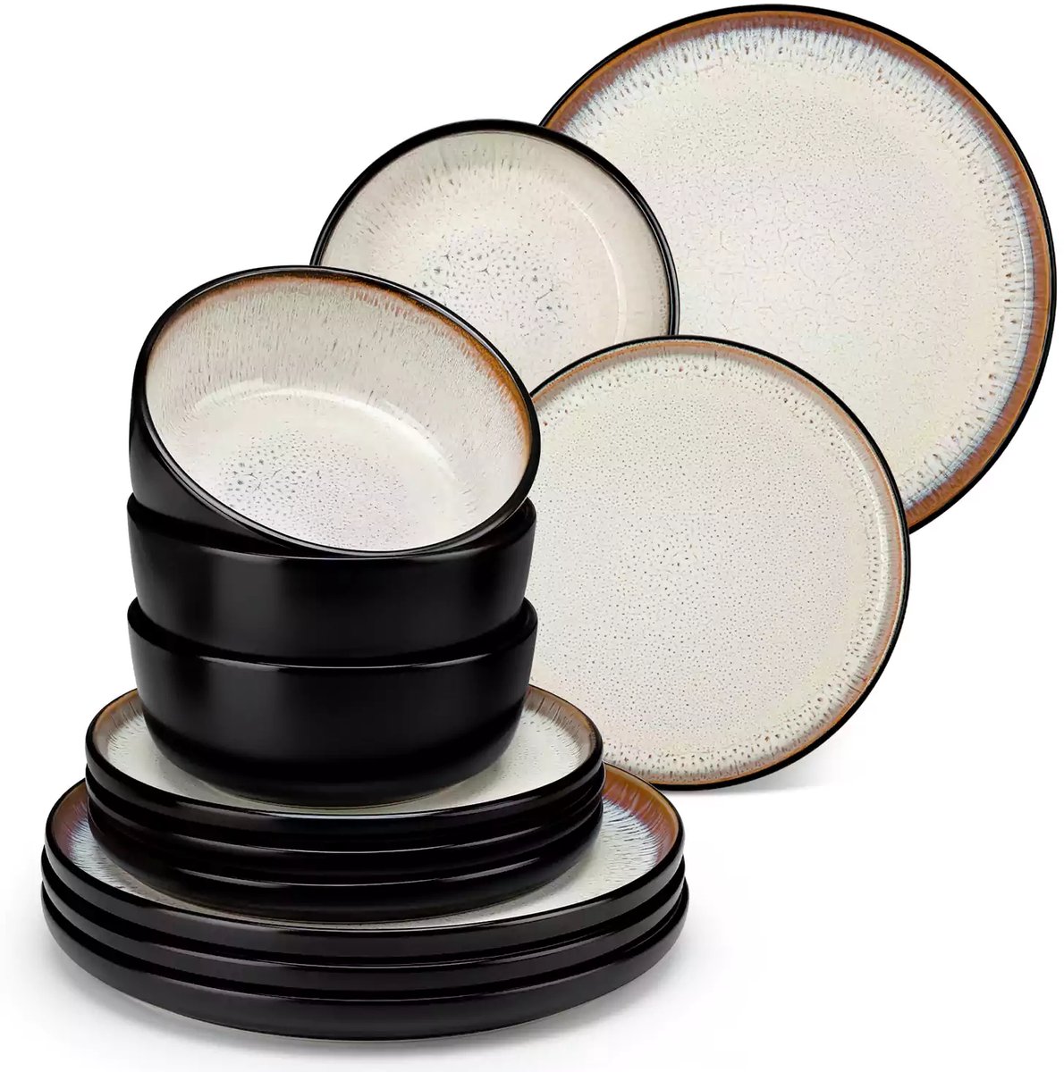 Luxe Serviesset – 12 delig – 4 persoons – Steengoed - Bordenset – Dinner platen – Dessertborden - Kommen - Beige