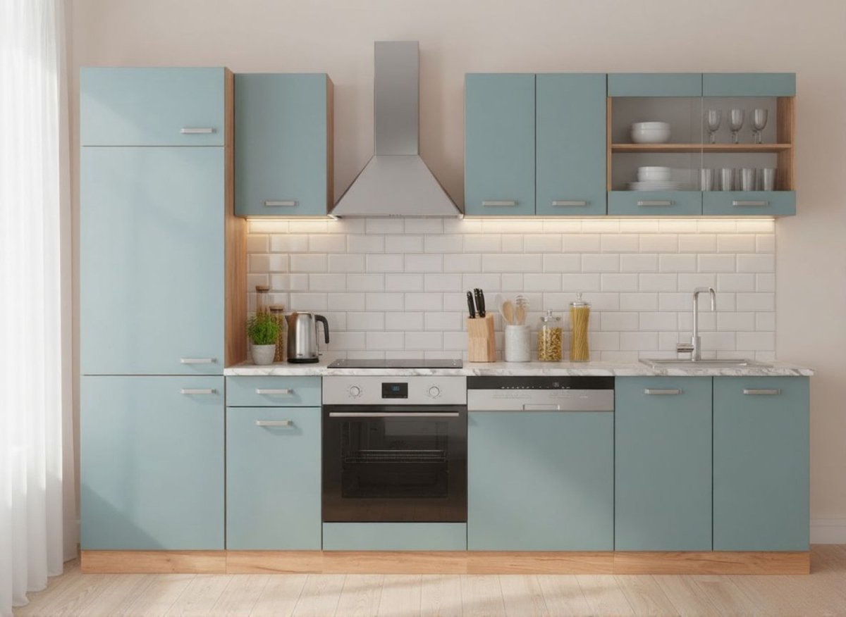 Keukenblok 300 cm Blauw-Grijs / Goldkraft Eiken met Wit Marmer Werkblad – Complete Moderne Kitchenette met Verstelbare Poten & Stofdichte Afwerking – Inclusief Werkblad & Montagehandleiding – 300x207x60 cm – Novihome