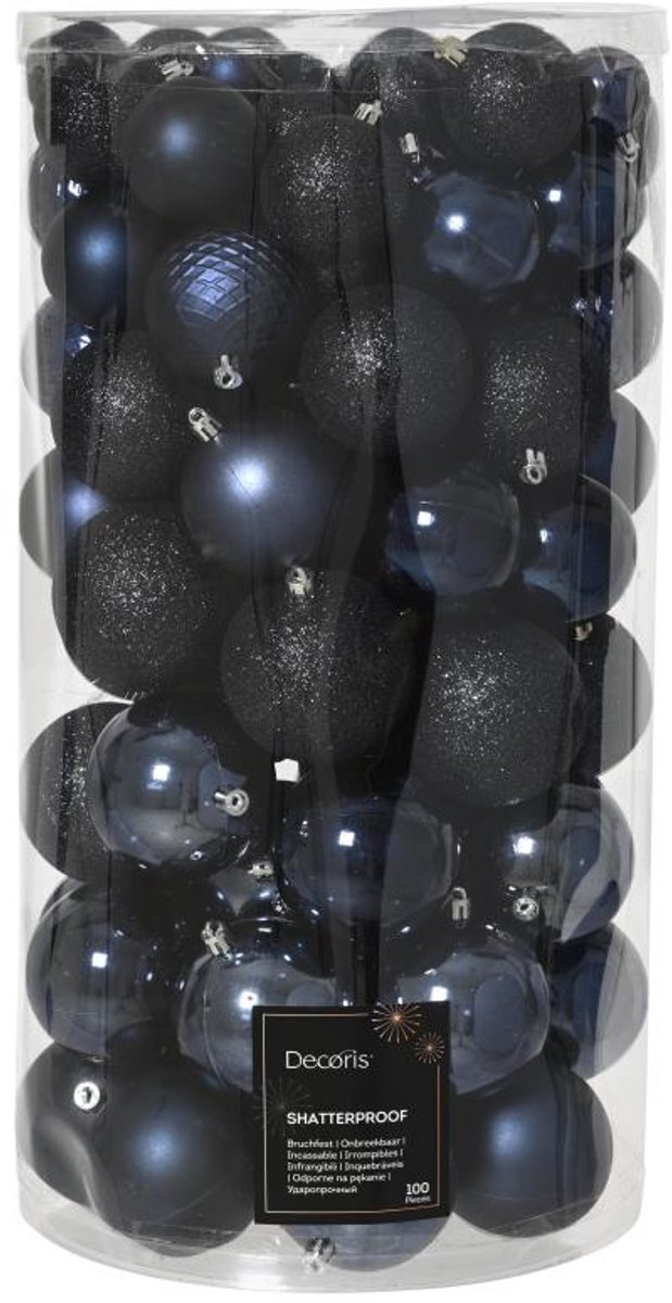 Kerstballen mix in nachtblauw, 100 stuks, van kunststof, merk Keamingk.