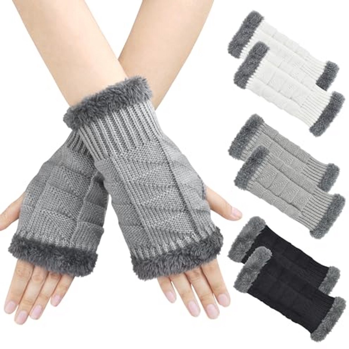 Vingerloze handschoenen dames - 3 paar gebreide halve vinger winterhandschoenen unisex met fleece voering