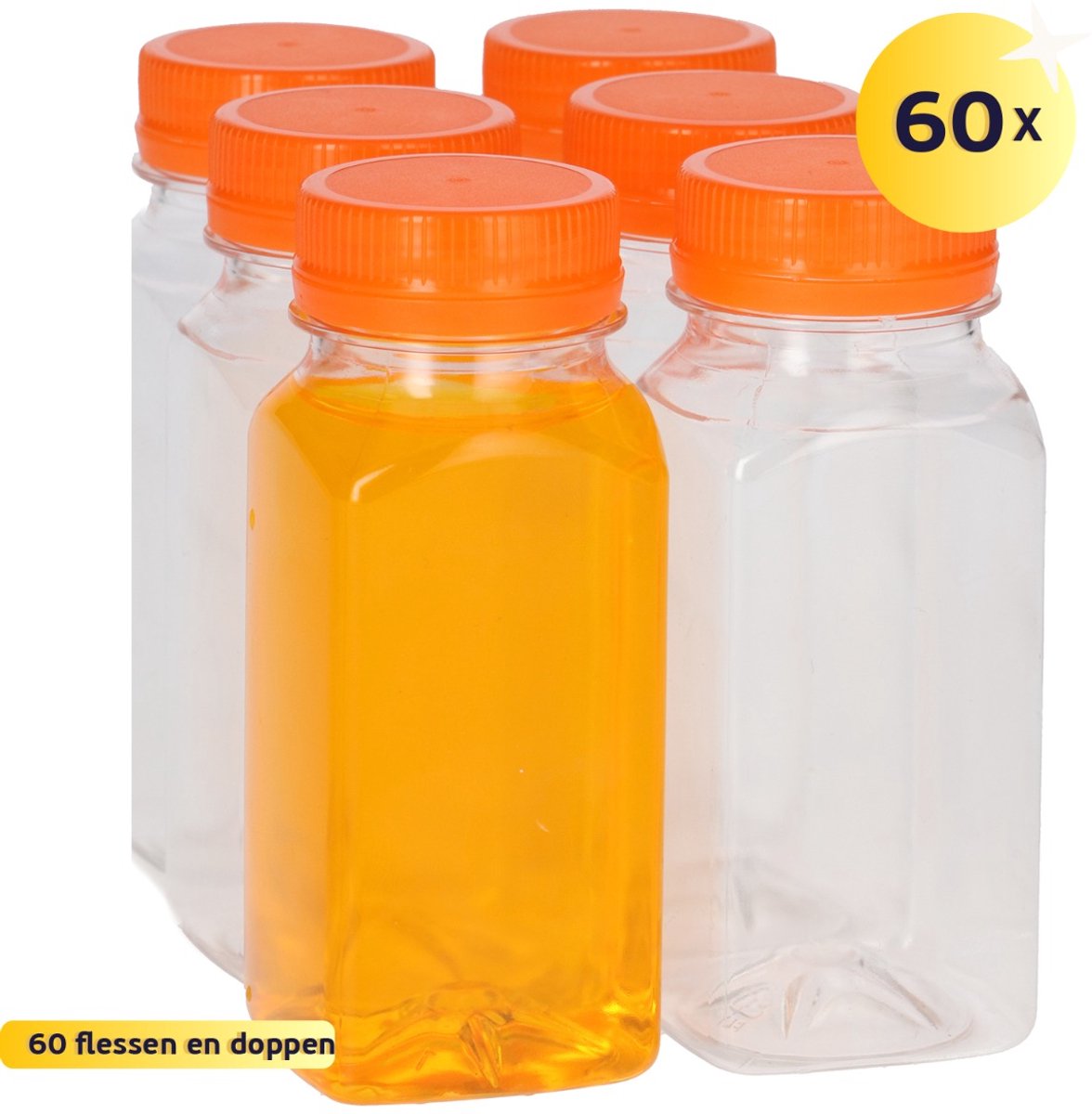60 x Sapfles Plastic 75 ml - Vierkant - PET Flessen met Dop Oranje- PET Kunststof BPA-vrij - Plastic Flessen Navulbaar - Met Dop - Lege Flessen - 60 stuks
