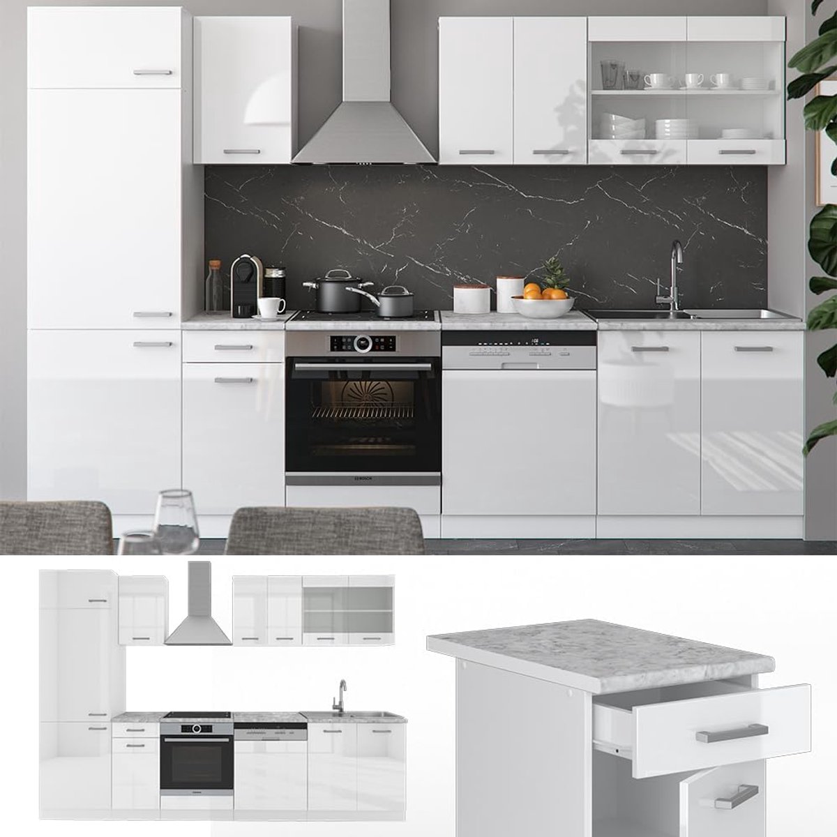 R-Line Keukenunit Keukenblok 300 cm wit hoogglans met goldkraft eiken werkblad, stofdicht, modern design, verstelbare poten, onderkasten 46 cm diep – Novihome