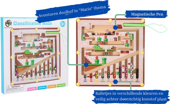 Houten doolhofspel met Mario-thema, met gekleurde balletjes achter een plastic plaat en een magnetische pen.