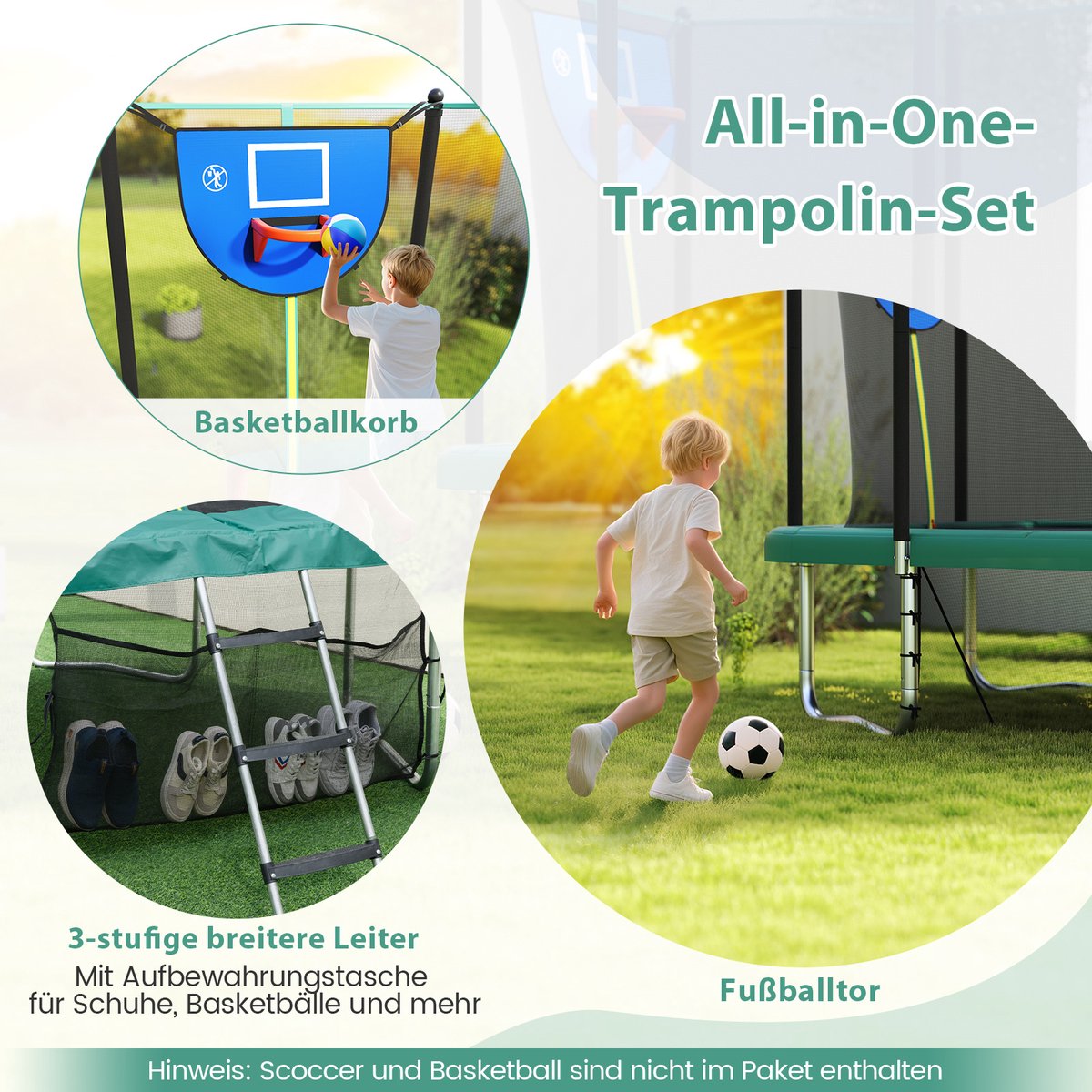 COSTWAY Trampoline voor buiten, rechthoekig, 3-in-1 kindertrampoline met ladder, basketbalkorf en voetbaldoel, tuintrampoline met veiligheidsnet en metalen frame, voor kinderen en volwassenen, groen — afbeelding 4