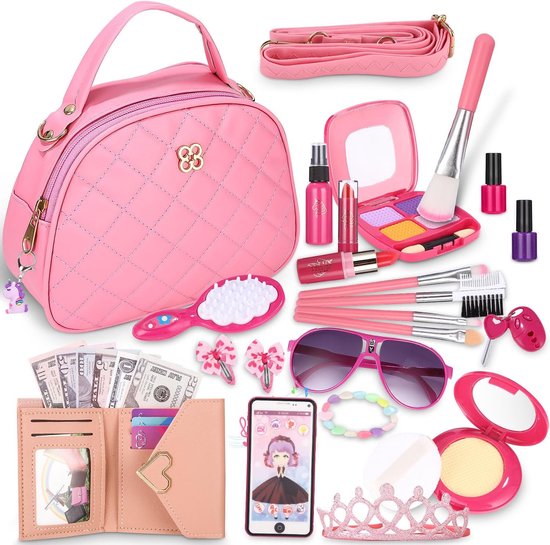 Prinses Make-up Tas 32 Delig - Meisjes Schmink Set met Handtas, Telefoon, Sleutels & Accessoires - Rollenspel Speelgoed voor 3 4 5 6 7 Jaar - Perfect Verjaardagscadeau voor Meisjes