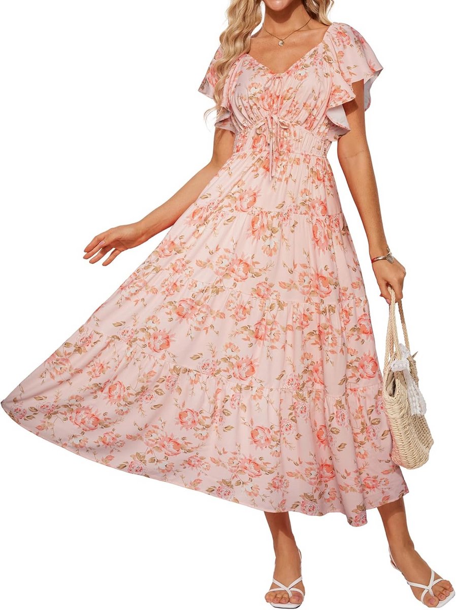 Elegante Zomer Maxi Jurk Dames met Bloemenprint en V-Hals - Comfortabele Strandjurk