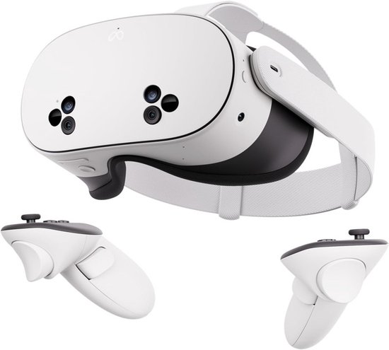 Witte Meta Quest 3S VR-bril met twee witte controllers.