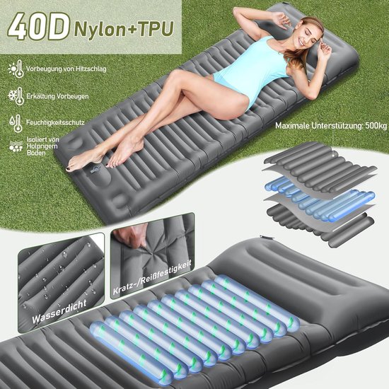 Zelfopblazend Luchtmatras 12 cm - Campingmat met Voetperspomp en Kussen, Compact en Waterdicht van Merkloos — afbeelding 4