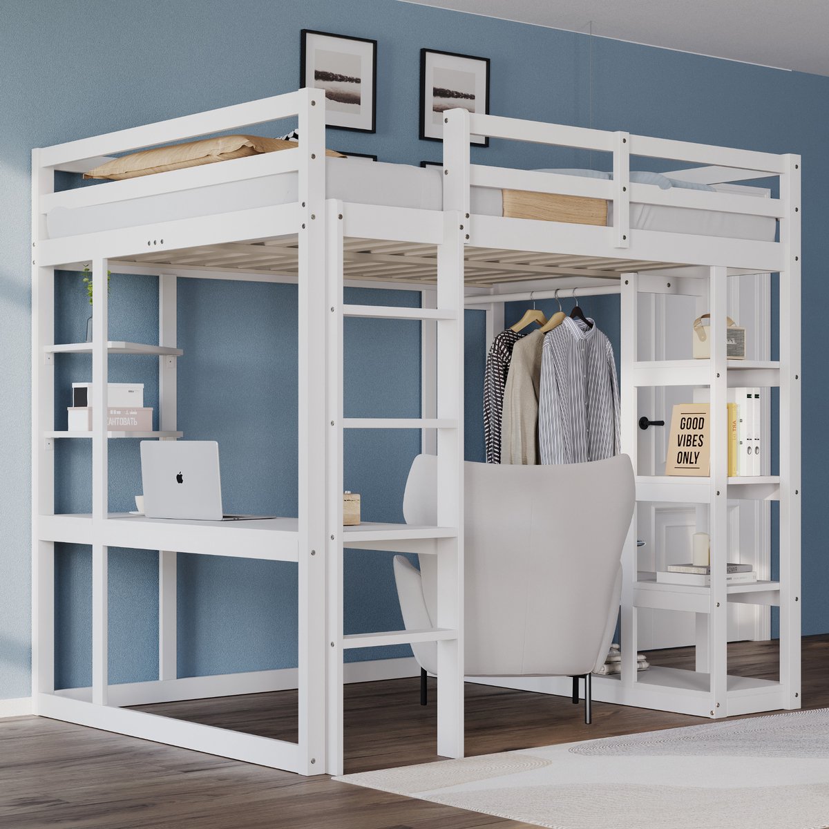 Wishdor – Hoogslaper 140x200 cm – Inclusief Bureau & Kledingstang – Met Schuine Planken – Alles-in-één – Massief Hout – Wit